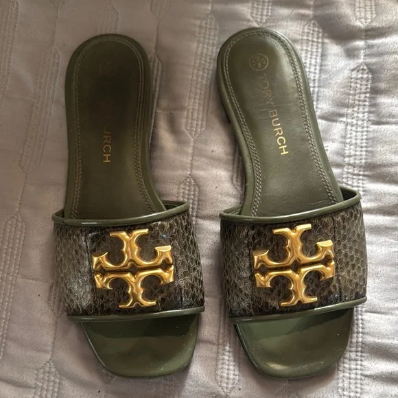 Tory Burch Olive and Gold Slide Sandals - Picture 1 of 4